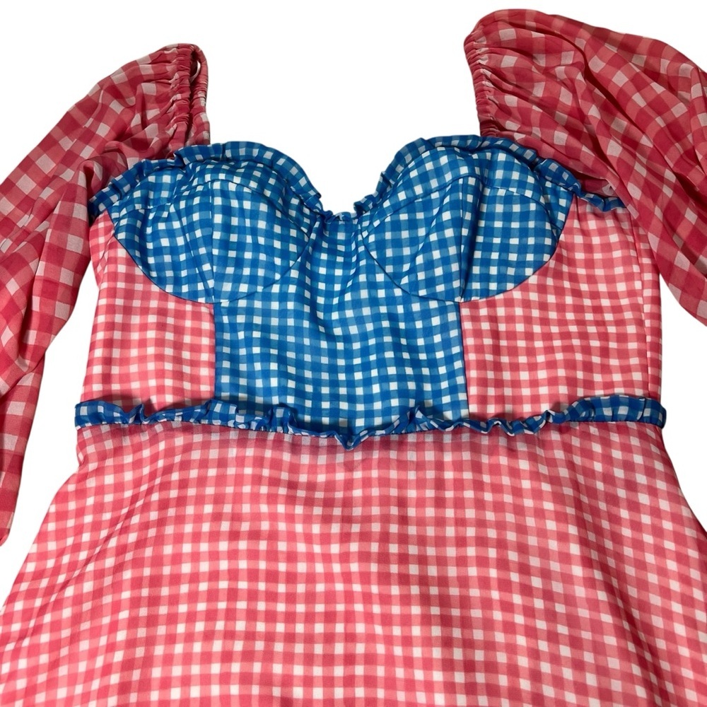 Slate & Willow Gingham Mini Dress Pink & Blue Lined Ruffle Detail Size 14 Flirty - Picture 13 of 16